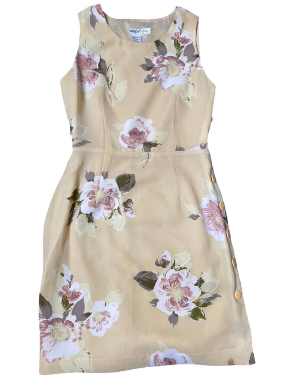 Newport News Vintage Floral Sleeveless Sheath Dress Yellow Pink Button Detail 4